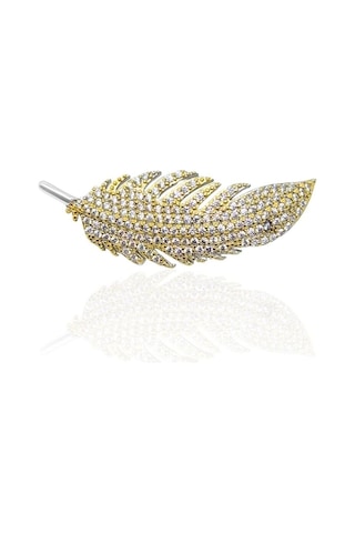 Oya Silver 24k Altın Kaplama Taşlı Gümüş Tüy Broş 3.5x1.3cm Kst1