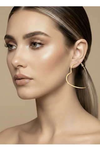 Kalp Model Halka Gold Renk Çelik Küpe 6cm Altın