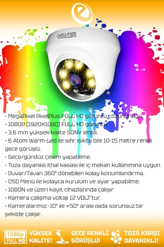 Elitcam 8 Kameralı Süper 2 İç Kamera Set 100 GB 5 MP 2K Net Renkli Gece Görüşlü Güvenlik Kamerası Sistemi