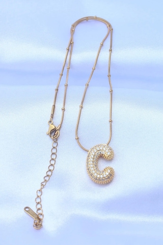 Mrs Flower Çelik Zincirli Zirkon Taşlı C Harfli Gold Renk Bubble Kolye Çok Renkli