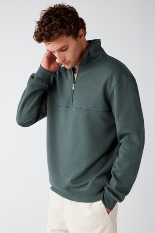 Grımelange Frame Erkek Yarım Fermuarlı Dik Yakalı Yumuşacık Kumaşlı Polarlı Regular Yeşil Sweatshirt