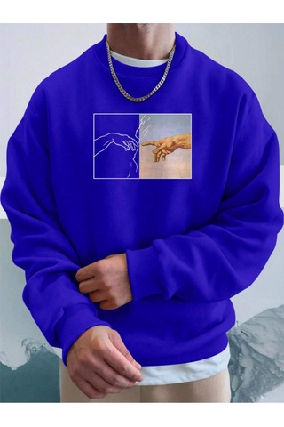 Startmore Mavi Unisex Kadın/erkek Hands Renkli Oversize Bisiklet Yaka Pamuklu