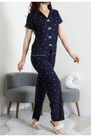 Genel Gömlek Yaka, Kısa Kollu Alt-üst Kadın Pijama Takımı Siyah Ve Beyaz