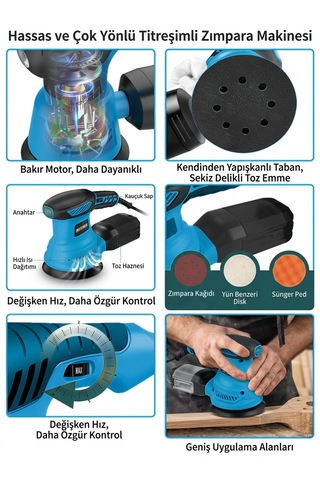 Steiner 700w 6 Kademe Devir Ayarlı 125mm Toz Toplama Sistemli Eksantrik Zımpara Makinesi Mavi