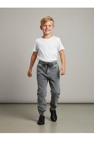 Zekids Erkek Çocuk Yumuşak Dokulu Beli Paçası Lastikli Kot Pantolon-16661 Mavi