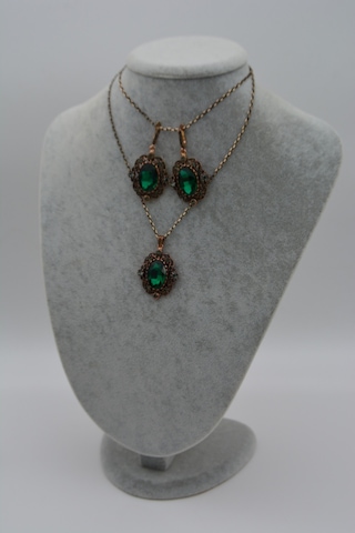 Stoneage Zümrüt ve Zirkon Taşlı Kolye ve Küpe Set Takım Yeşil