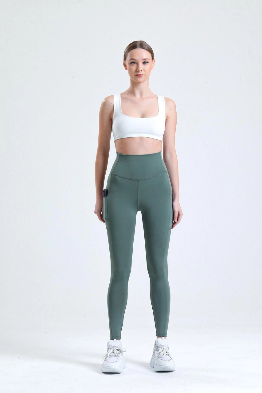Thiff Gymwear Yeşil Yüksek Bel Sıkılaştırıcı Toparlayıcı Push-up Çift Cepli Bilek Hizasında Spor Tayt Yeşil