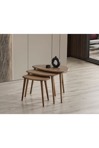 Masif Doğal Ahşap Zigon Sehpa 3'lü Set, Modern Ceviz Yan Sehpa