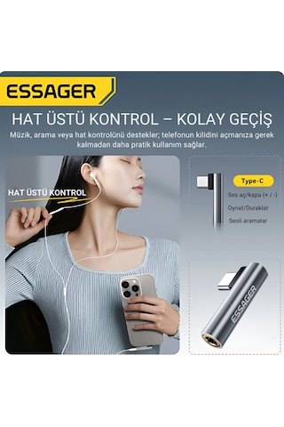 Essager L Tip Type-c To 3.5mm Ses Ve Kulaklık Çıkışı, Hifi Ses Destekli, Telefon, Tablet, Pc Uyumlu Gri