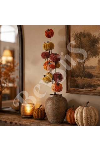 Cadılar Bayramı Renkli Kadife Bal Kabağı Dalı 57cm Çok Renkli