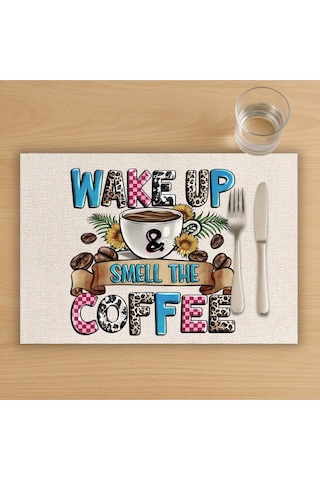 Wake Up Coffee Tasarımlı Amerikan Servis, Tabak Altlığı & Şık Masa Dekoru, Ev Hediyesi, 2 Adet Krem