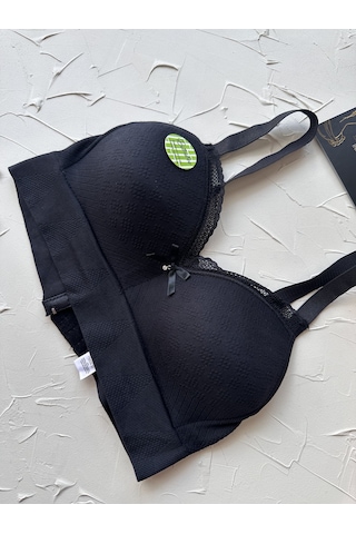 Celine C Cup Bambu Hisli Ultra Rahat Polamid Kumaştan Dokulu Dant Siyah