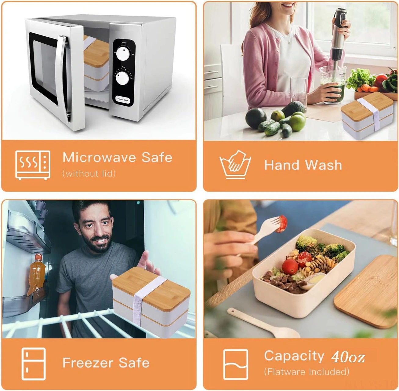 Yunboo Doğal Bambü Kapağı Çift Katlı Bento Kutusu, Mikrodalga Uyumlu, Yemekleri Ayırır, Isı Saklama Çantasıyla, Öğrenci-ofis Çalışanı İçin, Beyaz, 420g, Sağlıklı Pp Malzeme Beyaz