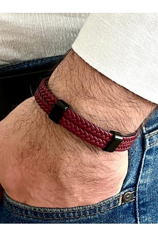 Bordo Renk %100 Deri 2li Kombin Erkek Bileklik 21 Cm Türk El Üretimi Bordo
