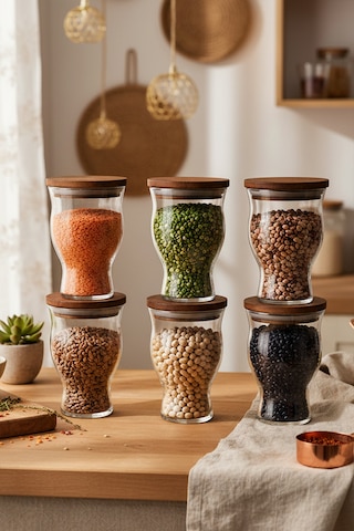 Snippy Box - 6 Lı Ahşap Vakumlu Kapaklı Cam Saklama Kabı Baharatlık 500 Ml Erzak Saklama Kabı Seti Kahverengi