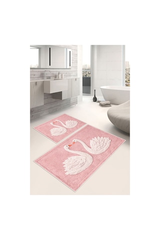Kuğu Desenli Dijital Baskılı Yıkanabilir 2li Banyo Paspası 50x60-60x100 Pembe