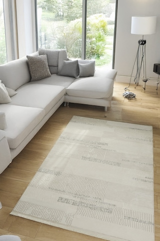 Beyaz Gri Polyester Halı Saçaklı Tozumaz Salon Oturma Çocuk Odası Yolluk A. Gri