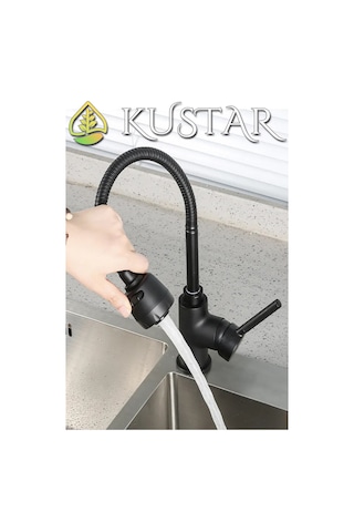 Kustar 2 Fonksiyonlu Spiralli 360 Derece Döner Borulu Tam Siyah Asur Mutfak Eviye Bataryası