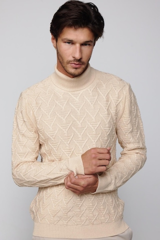 Tudors Slim Fit Dar Kesim Tam Balıkçı Yaka Desenli Bej Erkek Triko Kazak-29489 Bej