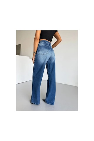 Kene Jeans Yüksek Bel Mavi Ön İşlemli Wide Leg Bol Paça Jeans Pantolon Mavi İşlemli