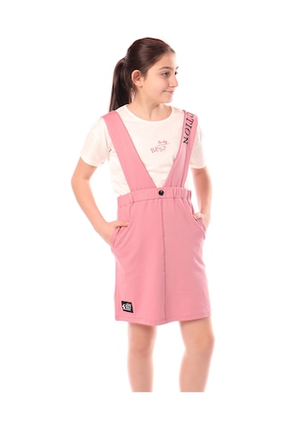 Toontoy Kız Çocuk Bisiklet Yaka Basic T-shirt Ve Askılı Cepli Nakış Baskılı Salopet Elbise - 2'li Takım Gülkurusu