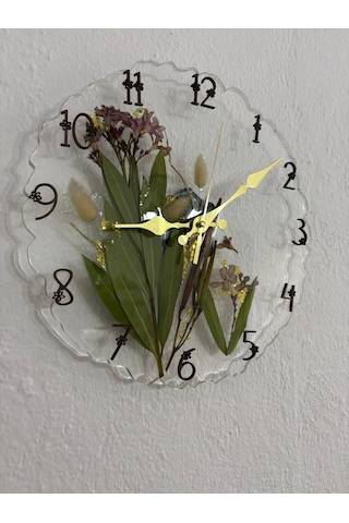 Pelince - Zakkum Çiçekli Ve Tavşan Kuyruğu Bitkisi - Epoksi Duvar Saati - Özel Tasarım - Tek Üretim - 30 Cm Şeffaf