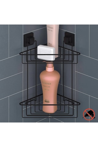 Banyo Köşe Rafı Kendinden Yapışkanlı 2 Katlı Easyfix Siyah Ef257 Siyah