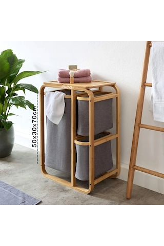 İbico İ21-143 Bambu Ahşap Kirli Çamaşır Sepeti 50x30x70 Cm - 3 Organizer Bölmeli Kumaş Çantalı