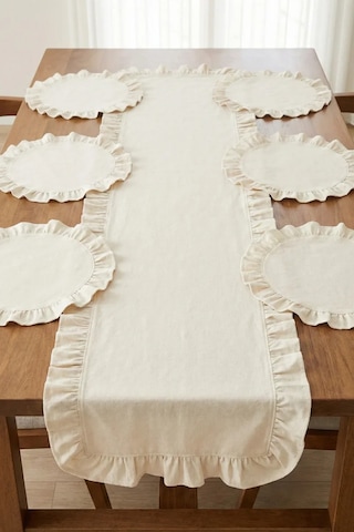 Morlay 7 Parça Fırfırlı Sofra Sunum Seti 6 Adet Amerikan Servisi Supla + 1 Adet Fırfırlı Runner - 40x110 Cm Beyaz