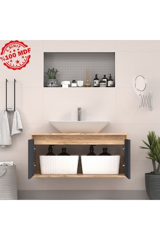 Banos Roomart 2 Kapaklı Lavabolu Ahşap-Antrasit Mdf 100 Cm Banyo Antrasit