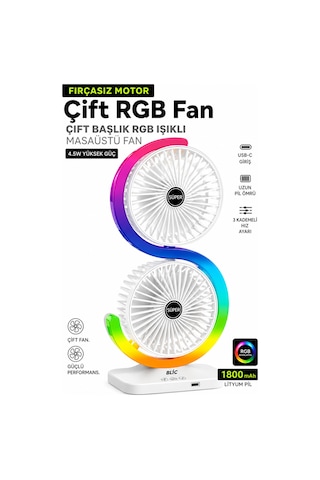 Exenar - Beyaz - Şarjlı Vantilatör Masaüstü Fırçasız Motor Çift Başlıklı Fan 5 Kademe Rgb Led Işıklı Vantilatör 1800 Mah Şarjlı