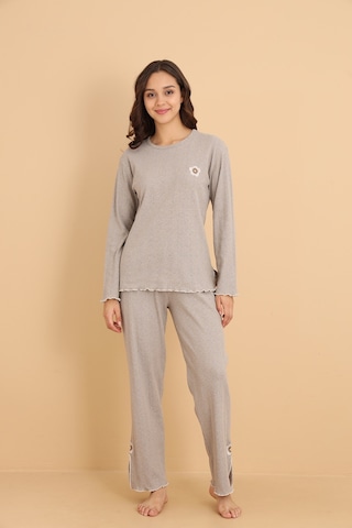 Mr-8602 Pointel Kumaş Mevsimlik Günlük Çiçekli Kadın Pijama Takımı Vizon