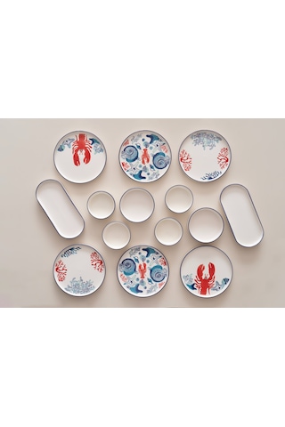 Kevin Seramik Hand Made 14 Parça 6 Kişilik Mercan Kahvaltı Takımı Beyaz - Kırmızı