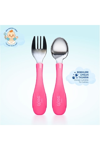 Wee Baby Paslanmaz Çelik Kaşık Çatal Seti Pembe