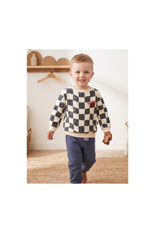 Deniva Kids Erkek Çocuk Dama Desenli Bisiklet Yaka Sweatshirt Ve Beli Lastikli Eşofman Altı Pamuklu 2'li İkili Takım Çok Renkli