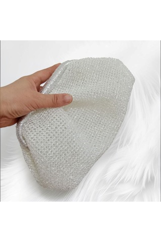 Embahandmde El Yapımı Beyaz Metalik Örgü Clutch Çanta Gelin Çantası Abiye Davet Çantası