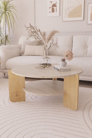 İskandinav Orta Sehpa 90 Cm, Bohem - Traverten & Safir Meşe