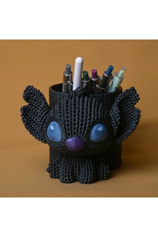 3d Baskı Knitted Kalemlik - Sevimli Karakterli Masaüstü Kalem Organizeri-siyah Çok Renkli