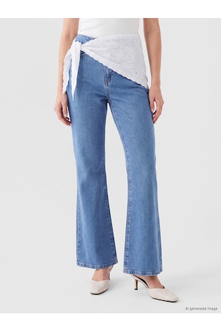 Lcw Modest İndigo Beli Fularlı Flare Kadın Jean Pantolon