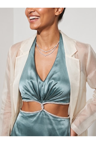 Fashion Cocktail Taş Düğümü Kristal Taş Bel Şerit Çevrili Göğsü Büzgülü Gümüş Işıltılı Pencere Detaylı Derin V Yakalı Sırt Dekolteli Saten Süper Mini Parti Elbisesi Mavi