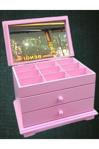 Takı Şifonyer 90390 Makyaj Kutu 2çekmece Aynalı Parlak Pembe Ahşap Mdf El Yapım
