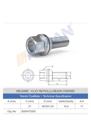 20 Adet Megane/clio Ym Pullu Bijon Civatası 20 Adet Megane/clio Ym Pullu Bijon Civatası