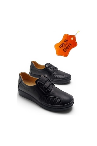 Magıc Shoes Kadın Lastik Bağçıklı Tamamen Hakiki Deri Comfort Tam Ortopedik Anne Ayakkabısı Siyah-lastik