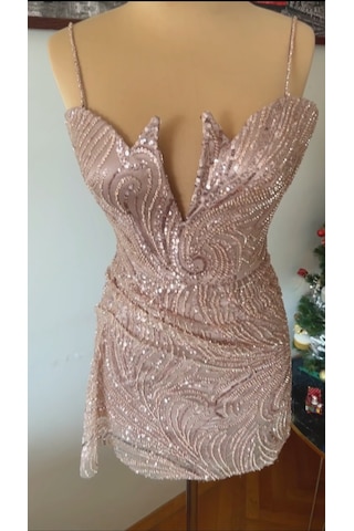 Chica Rosa Fashion Pul İşlemeli Göğüs Dekolteli Kısa Elbise Bronz
