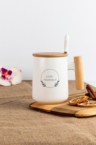 Bambu Kapaklı Kaşıklı Seramik Kupa