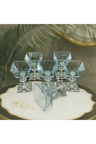 Elta Collection Karen 6 Parça Döküm Gümüş Ayaklı Sunumluk Seti Magnolia Dondurmalık Cup Çerezlik gümüş