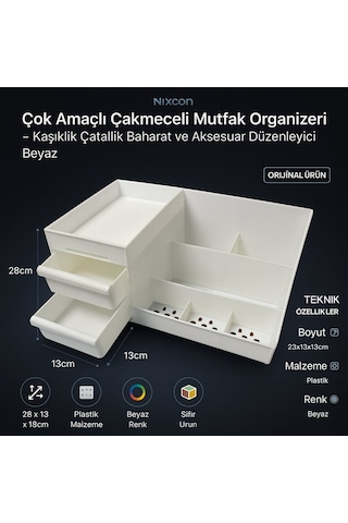 Çok Amaçlı Çekmeceli Mutfak Organizeri - Kaşıklık Çatallık Baharat Ve Aksesuar Düzenleyici Beyaz