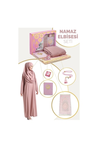 Pratik Başörtülü Tek Parça Namaz Elbisesi Ve Seccade Seti Gül Kurusu Gül Kurusu