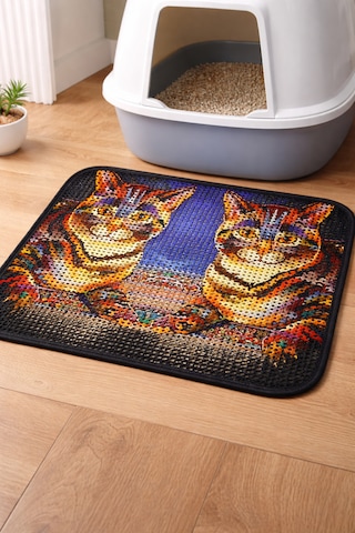 Petesia Ikiz Kaplan Elekli Desenli Kedi Tuvalet Önü Paspası 60x45 Cm