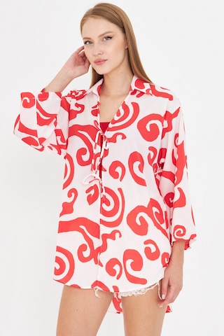 Armonika Kadın Kırmızı-beyaz Gömlek Yakalı Önden Bağcıklı Kimono Gömlek Arm-25k001006